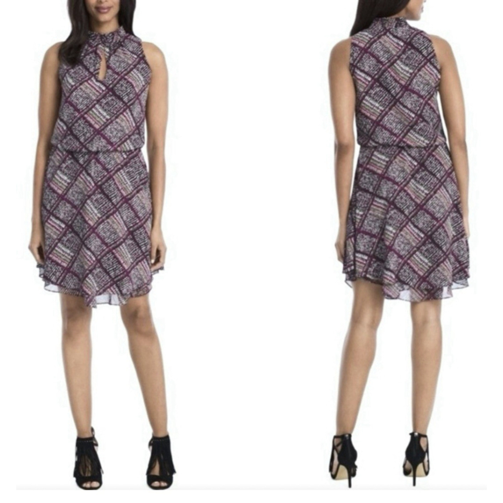 White House Black Market Dress Size:M Printed Ruffle High Neck Blouson Chiffon